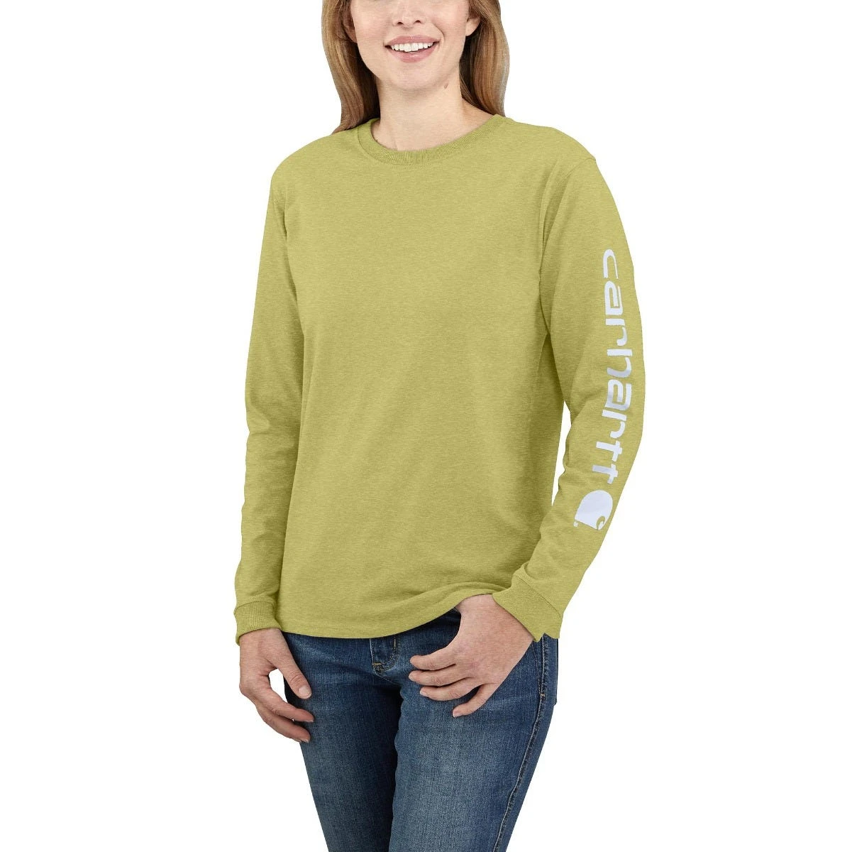 Carhartt Shirts: Women's 103401 GB9 Green Olive Heather Loose Fit Heavy Weight Long Sleeve Graphic T-Shirt 1 Carhartt Shirts: Women's 103401 GB9 Green Olive Heather Loose Fit Heavy Weight Long Sleeve Graphic T-Shirt