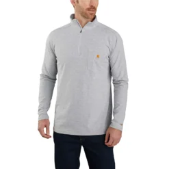 Carhartt Force Shirt: Men's 104255 HGY Heather Grey Midweight Relaxed Fit Long Sleeve 1/4 Zip Pocket T-Shirt