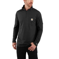 Carhartt Force Shirt: Men's 104255 N04 Black Midweight Relaxed Fit Long Sleeve 1/4 Zip Pocket T-Shirt
