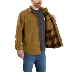 Carhartt Shirts: Men's 105419 B33 Oak Brown Rugged Flex Canvas Fleece-Lined Shirt Jacket -Tessvero Sales Store 105419 b33 ail mf22 b