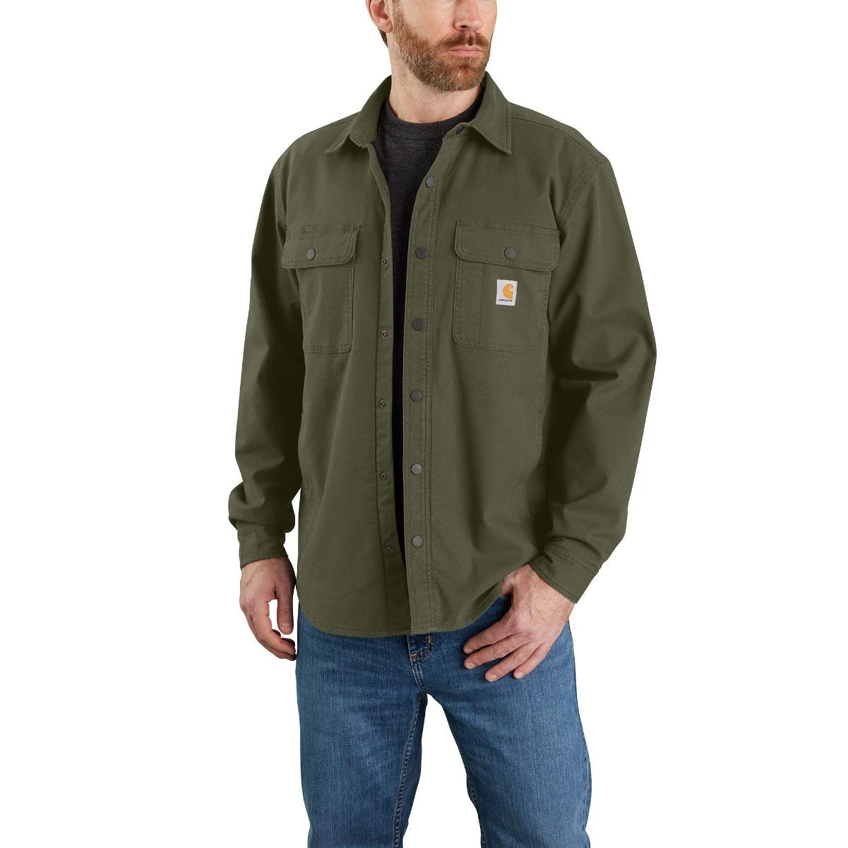 Carhartt Shirts: Men's 105419 G72 Basil Rugged Flex Canvas Fleece-Lined Shirt Jacket 1 Carhartt Shirts: Men's 105419 G72 Basil Rugged Flex Canvas Fleece-Lined Shirt Jacket