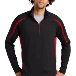 Sport-TeK Sweatshirts: Men's ST851 BTR Black True Red Stretch 1/2-Zip Colorblock Pullover