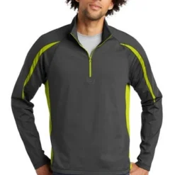 Sport-TeK Sweatshirts: Men's ST851 CGCG Charcoal Grey Charge Green Stretch 1/2-Zip Colorblock Pullover