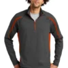 Sport-TeK Sweatshirts: Men's ST851 CGDO Charcoal Grey Deep Orange Stretch 1/2-Zip Colorblock Pullover