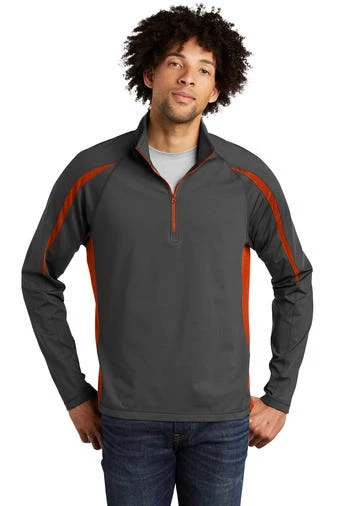 Sport-TeK Sweatshirts: Men's ST851 CGDO Charcoal Grey Deep Orange Stretch 1/2-Zip Colorblock Pullover 1 Sport-TeK Sweatshirts: Men's ST851 CGDO Charcoal Grey Deep Orange Stretch 1/2-Zip Colorblock Pullover