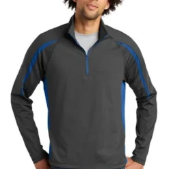 Sport-TeK Sweatshirts: Men's ST851 CGTR Charcoal Grey True Royal Stretch 1/2-Zip Colorblock Pullover