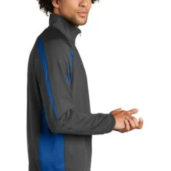 Sport-TeK Sweatshirts: Men's ST851 CGTR Charcoal Grey True Royal Stretch 1/2-Zip Colorblock Pullover -Tessvero Sales Store 5496 chgytrry 3 st851chgytrrymodelside1 337w