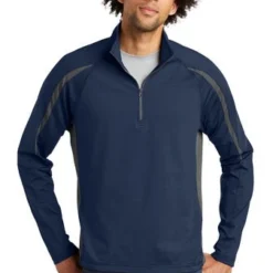 Sport-TeK Sweatshirts: Men's ST851 TNCG True Navy Charcoal Grey Stretch 1/2-Zip Colorblock Pullover