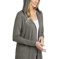 District Cardigans: Women's DT156 GYFST Grey Frost Perfect Tri Hooded Cardigan -Tessvero Sales Store 9206 greyfrost 4 dt156greyfrostmodelhood 337w
