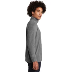 Sport-Tek Pullover: Men's ST407DGH Dark Grey Heather Triad Solid PosiCharge Tri-Blend Wicking 1/4-Zip Pullover -Tessvero Sales Store st407 darkgreyheather model side 012019